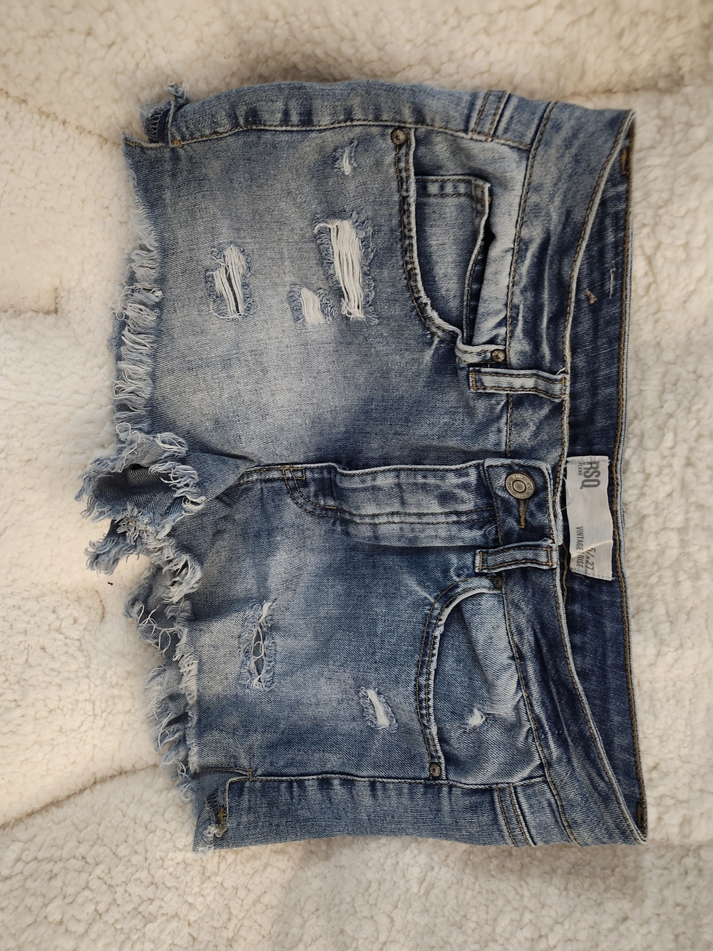 Worn-In Blue Denim Frayed Hem Women's Shorts